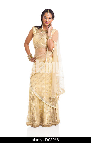 Smiling woman en costume saree isolated on white Banque D'Images