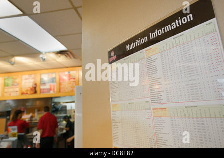 L'affichage d'information sur la nutrition à un fast-food, NJ, USA Banque D'Images