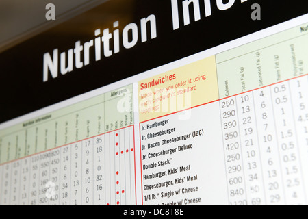 L'affichage d'information sur la nutrition à un fast-food, NJ, USA Banque D'Images