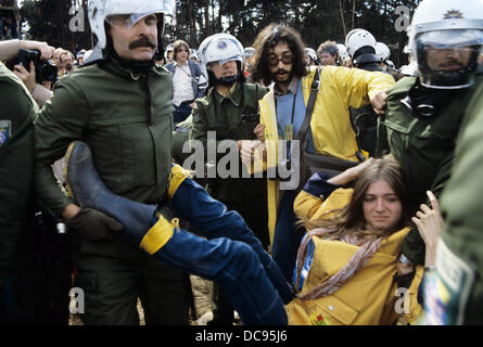 Les policiers portent un manifestant à l'écart de la construction de l'emplacement de la piste à l'Ouest le 6 octobre en 1981. La police a autorisé le site de construction de la controversion fortement la piste 18 à l'ouest de l'aéroport Frankfurt Rhein-Main. Banque D'Images