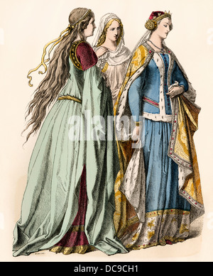 Mesdames fréquentant une princesse anglaise du 14e siècle. Impression couleur à la main Banque D'Images