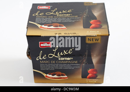 Pack de 2 nouveaux Müller de luxe corner marc de Champagne yaourts isolé sur fond blanc - yaourts Banque D'Images