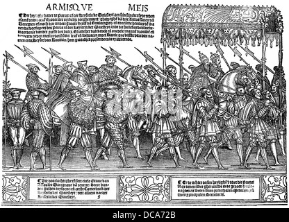Procession ornementé de l'Empereur Charles V et le pape Clément VII à Bologne, couronnement de l'empereur en 1530 Banque D'Images