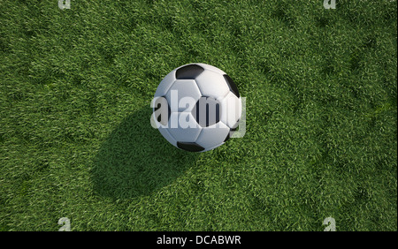 Ballon de soccer/football close up sur pelouse. Vue d'en haut. Dans la lumière du soleil avec l'ombre portée. Format horizontal. Chemin de détourage inclus. Banque D'Images