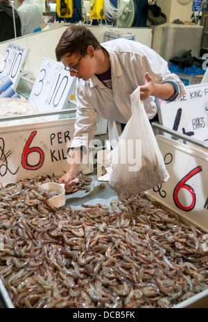 Négociant de crevettes au marché aux poissons de Billingsgate, Isle of Dogs, London, England, UK Banque D'Images