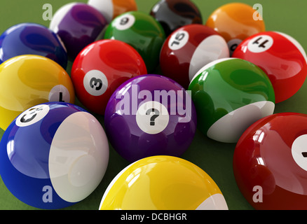 Groupe de boules de billard avec les chiffres. La balle au centre, a un point d'interrogation. Banque D'Images