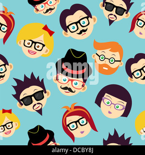 Retro hipsters visages heureux motif transparent illustration. Couches de fichier vectoriel pour une manipulation facile et coloris. Banque D'Images