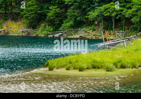 Cuire de Washington. Peu de saumon blanc National Fish Hatchery Native American plates-formes de pêche sur le lac Drano Banque D'Images