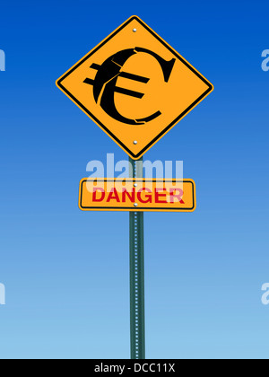 Signe conceptuel avec symbole Euro et danger avertissement sur ciel bleu Banque D'Images