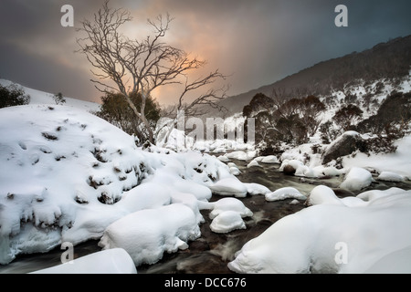 Un paysage couvert de neige photographié au lever du soleil. Une rivière et des arbres terminer cette belle scène d'hiver. Banque D'Images