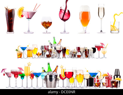 Ensemble de différentes boissons alcoolisées et cocktails - bière, martini,soda,champagne,whiskey,vin,cocktail,cola Banque D'Images