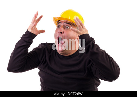 Construction Worker hurlant de terreur, isolé sur blanc. Banque D'Images