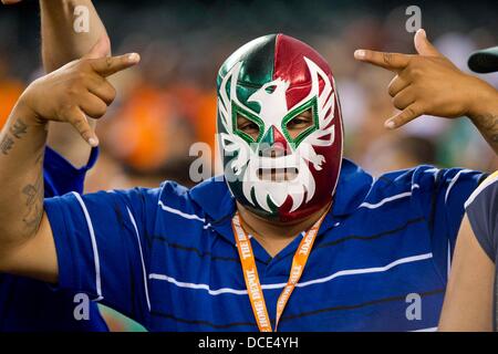 East Rutherford, New Jersey, USA. 14Th Aug 2013. 14 août 2013 : un ventilateur dans un drapeau mexicain wrestling mask est excité pendant le match amical entre le Mexique et la Côte d'Ivoire au stade de la métropolitaine, East Rutherford, NEW JERSEY © csm/Alamy Live News Banque D'Images