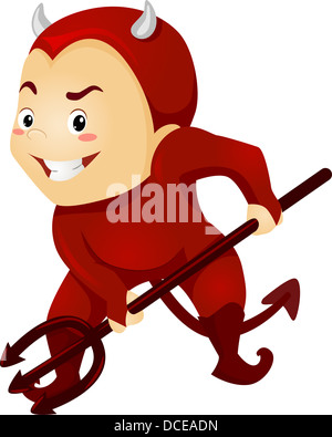 Illustration d'un petit garçon comme un diable rouge avec cornes et fourche Banque D'Images