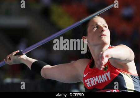 Moscou, Russie. Août 16, 2013. Linda Stahl de l'Allemagne participe à la qualification du javelot à la 14e es Championnats du monde d'athlétisme au stade Luzhniki de Moscou, Russie, 16 août 2013. Photo : Michael Kappeler/dpa/Alamy Live News Banque D'Images