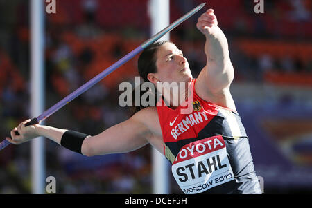 Moscou, Russie. Août 16, 2013. Linda Stahl de l'Allemagne participe à la qualification du javelot à la 14e es Championnats du monde d'athlétisme au stade Luzhniki de Moscou, Russie, 16 août 2013. Photo : Michael Kappeler/dpa/Alamy Live News Banque D'Images