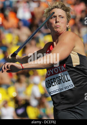 Moscou, Russie. Août 16, 2013. Christina Obergfoell d'Allemagne participe à la qualification du javelot à la 14e es Championnats du monde d'athlétisme au stade Luzhniki de Moscou, Russie, 16 août 2013. Photo : Michael Kappeler/dpa/Alamy Live News Banque D'Images