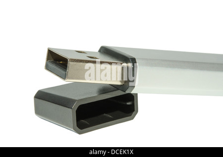 Lecteur flash USB générique avec couvercle ouvert isolated on white Banque D'Images