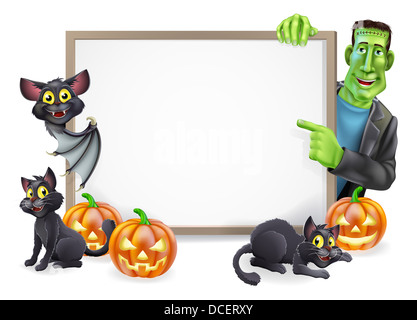 Signe de l'halloween avec bannière citrouilles d'Halloween et de la sorcière noire et cartoon chats Frankenstein et caractères chauve-souris vampire Banque D'Images