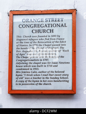 Orange Street Congregational Church plaque d'information - London, W1 Banque D'Images