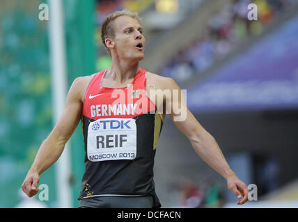 Moscou, Russie. Août 16, 2013. Christian Reif de l'Allemagne réagit dans l'épreuve du saut en longueur à la 14e Finale es Championnats du monde d'athlétisme au stade Luzhniki de Moscou, Russie, 16 août 2013. Photo : Michael Kappeler/dpa/Alamy Live News Banque D'Images