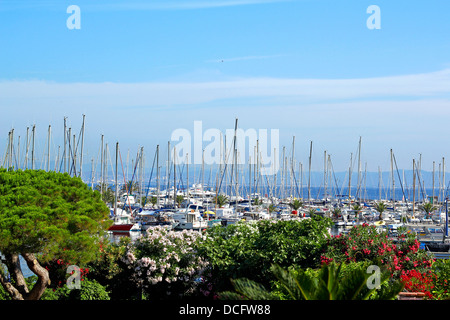 Vue depuis la terrasse de l'hôtel sur le beau soleil éclairé port avec bateaux blancs, île de Porquerolles, France Banque D'Images