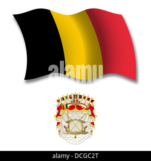 Belgique shadowed ondulées texturé drapeau et d'armoiries à l'arrière-plan blanc, vector art illustration Banque D'Images