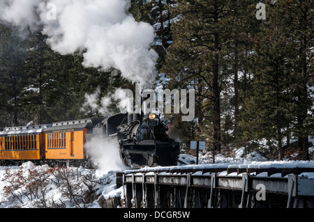 Machine à vapeur et de wagons couverts du Durango and Silverton Narrow Gauge Railroad. Banque D'Images