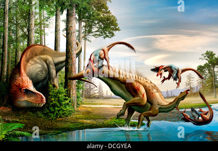 Une observation d'un Tenontosaurus Crétacé Acrocanthosaurus attaqué un groupe de Deinonychus. Banque D'Images