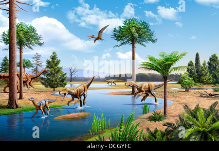 Deux Herrerasaurus chassant un Silesaurus vers le bas un flux dans la période du Trias. Deux Plateosaurus sont à l'arrière-plan. Banque D'Images