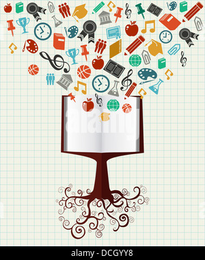 Retour à l'école éducation arbre livre icônes colorées. Couches vecteur pour faciliter la personnalisation. Banque D'Images