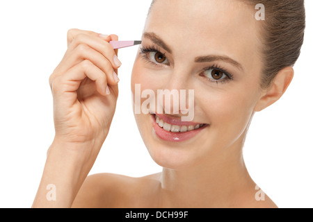 Belle jeune femme et sourcils épiler isolated on white Banque D'Images