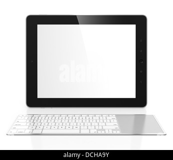 Ordinateur tablette avec clavier et écran blanc vide isolé sur fond blanc Banque D'Images