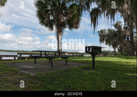 Le Parc de loisirs du barrage de l'usine dans la forêt nationale d'Ocala, Floride, table de pique-nique barbecue Banque D'Images