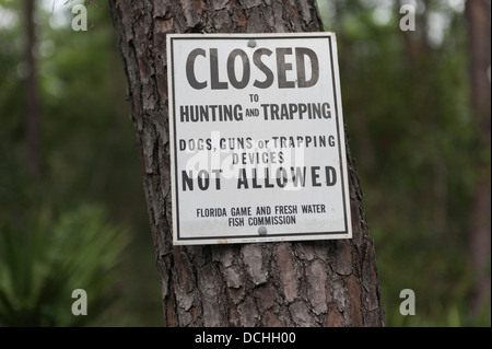 La Forêt nationale d'Ocala, Floride, pas de chasse, piégeage posté panneau d'avertissement. Banque D'Images