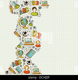 Retour à l'école éducation icônes cartoon colorés sur fond de grille. Couches vecteur pour faciliter la personnalisation. Banque D'Images