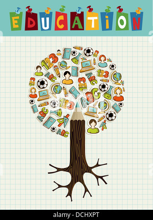 Retour à l'école l'éducation globale de l'arbre crayon fond d'icônes profil. Couches vecteur pour faciliter la personnalisation. Banque D'Images