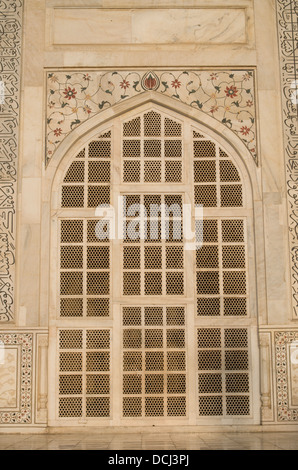 Mausolée en marbre blanc du Taj Mahal Agra, Inde - détail Banque D'Images