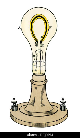 Thomas Edison's perfectionné lampe électrique. À la main, gravure sur bois Banque D'Images