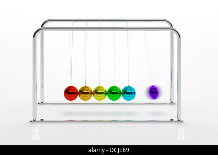 3D illustration de Newton's cradle avec boules colorées isolé sur blanc Banque D'Images