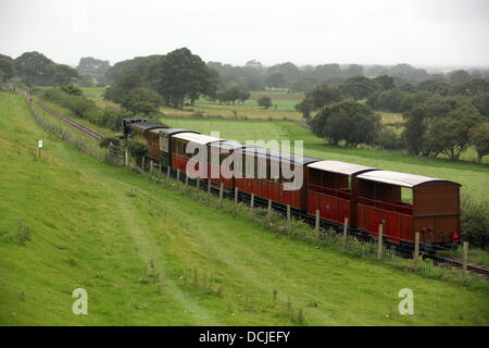 Tywyn, Pays de Galles, UK, samedi, 17 août 2013 Photo : le train. Re : la course est un événement annuel de course cross-country qui a lieu à Tywyn, Mid Wales. La course est organisée par le Club Rotary de Tywyn, et attire des coureurs de partout dans le monde. Dans le main event, les coureurs en compétition pour battre un train à vapeur sur le chemin de fer Talyllyn préservé sur une distance de 14 miles (23 km). L'événement a été l'idée de dentiste local, Godfrey Worsey, et a été la première exécution en 1984 avec environ 48 coureurs. © D Legakis/Alamy Live News Banque D'Images