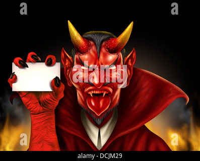 Devil holding a blank sign comme un démon rouge monster Halloween diabolique personnage avec un sourire maléfique portant une cape comme un conce spooky Banque D'Images