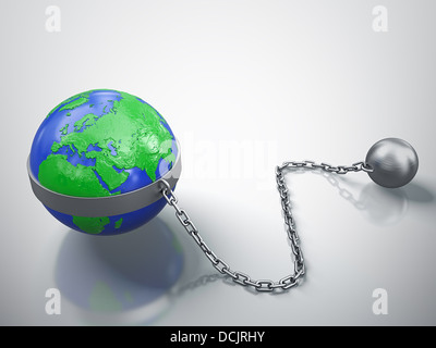 3D render of Earth in chains isolé sur fond blanc. Banque D'Images