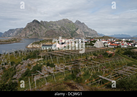 Grande vue de dessus de cadres de séchage du poisson norvégien typique, dans les Lofoten, Norvège. Banque D'Images