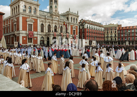 Pâques dans la Plaza Mayor de Valladolid à l'extérieur de l'Hôtel de Ville, la Castille et Leon, Espagne, Banque D'Images