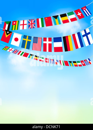 Monde bunting les drapeaux sur ciel bleu. Vector illustration Banque D'Images