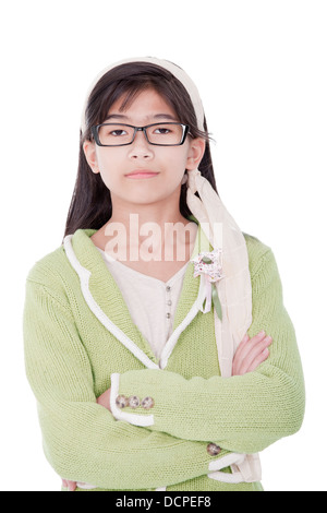 Confiant, of Asian girl in green sweater et verres Banque D'Images