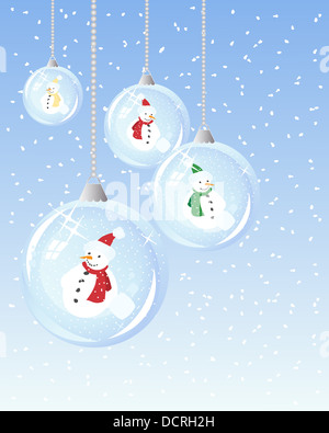 Une illustration des boules de verre de fête avec Bonhomme de neige à l'intérieur sur un fond bleu Banque D'Images