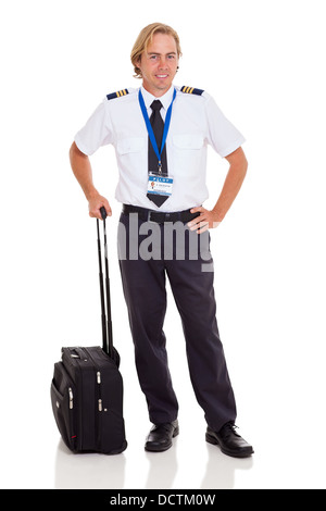 Pilote de ligne smiling with briefcase isolated on white Banque D'Images