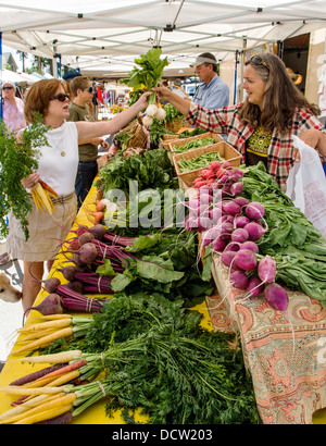 Les clients qui achètent des fruits et légumes à la Buena Vista Colorado farmer's market Banque D'Images